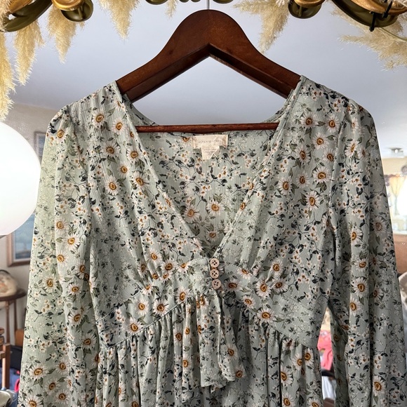 Altar'd State Sage Pastel Green Floral Long Sleeve Ruffle Maxi Dress - Picture 2 of 10